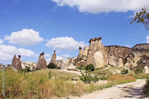View of the high stone pillars in Goreme National Park in Cappadocia in Turkey