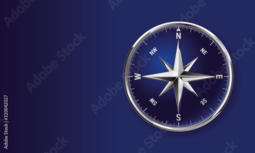 Vektor Kompass Clip art symbol mit glänzender metallischer Kompassrose auf blauem Hintergrund mit Textfreiraum