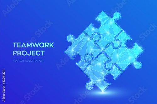 Teamwork. Puzzle elements. Team metaphor. Symbol of teamwork, cooperation, partnership, association and connection. Low polygonal puzzle pieces. Business concept of of connecting. Vector Illustration.