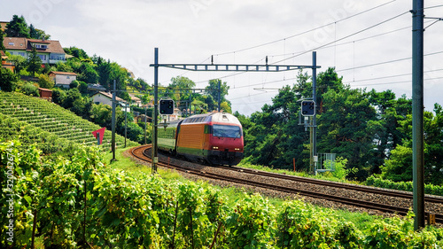 Running train and the railroad at Lavaux Vineyard Terrace hiking trail, Lavaux-Oron district, Switzerland photo