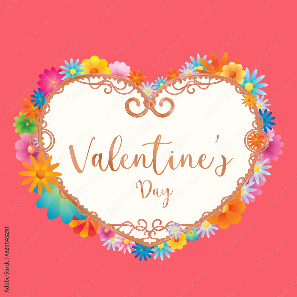 Vector of Happy Valentine’s Day with blooming flowers frame and typography design.