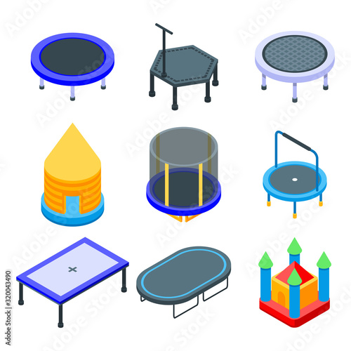 Trampoline icons set. Isometric set of trampoline vector icons for web design isolated on white background