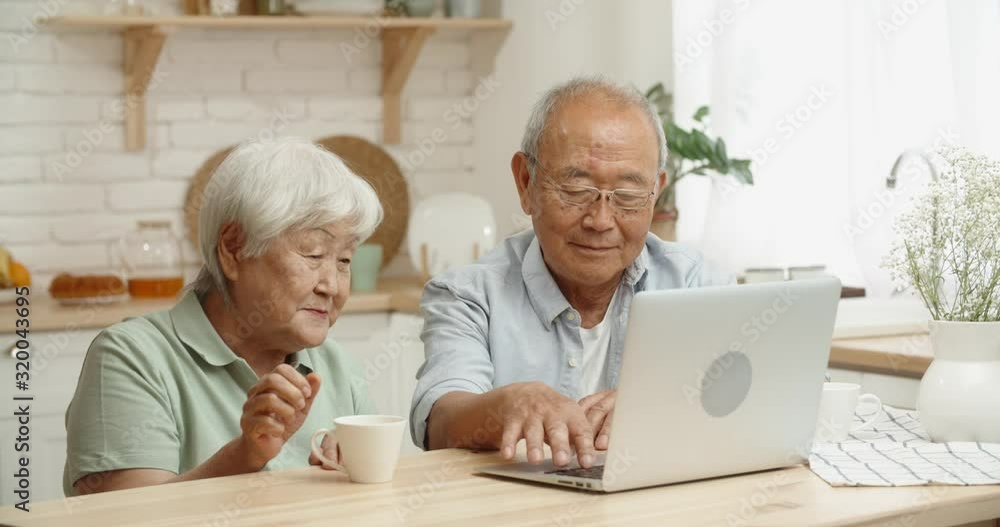 Closeup shot of senior asian couple using a computer, sitting in kitchen and doing online shopping or having a video chat and talking - happy pension and retirement concept 4k footage Closeup shot of senior asian couple using a computer, sitting in kitchen and doing online shopping or having a video chat and talking - happy pension and retirement concept 4k footage