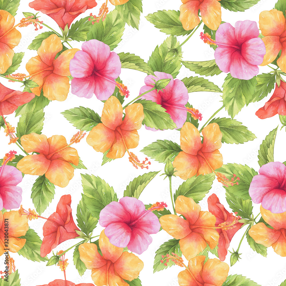 Seamless pattern with red, pink, yellow hibiscus flower and leaves watercolor on white background. Hand drawn floral illustration. Seamless pattern with red, pink, yellow hibiscus flower and leaves watercolor on white background. Hand drawn floral illustration.