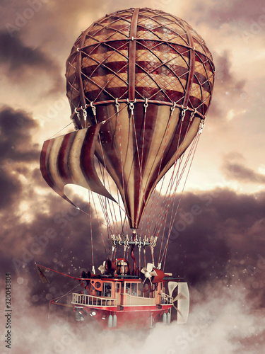 Fotografie, Obraz Fantasy steampunk flying ship with a balloon up in the clouds
