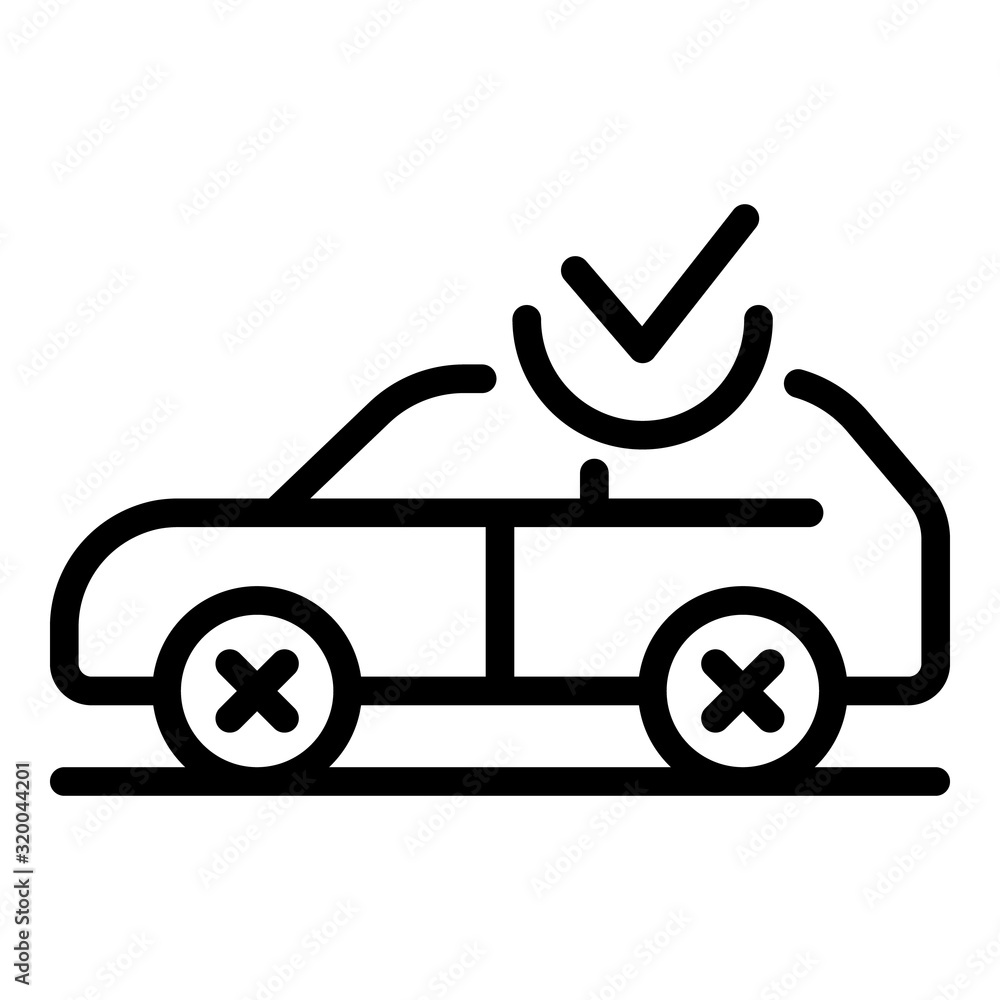 Car and checkmark icon. Outline car and checkmark vector icon for web design isolated on white background Car and checkmark icon. Outline car and checkmark vector icon for web design isolated on white background