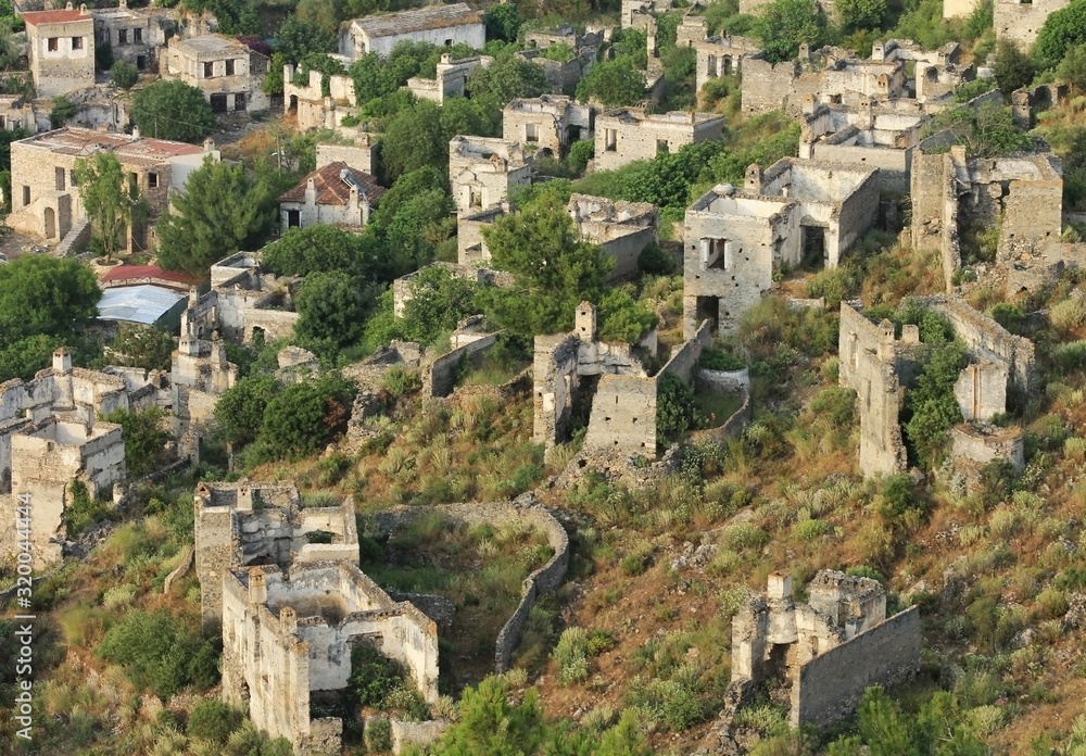 Ruins of the Kayakoy ghost town in the south of Turkey, view from above.