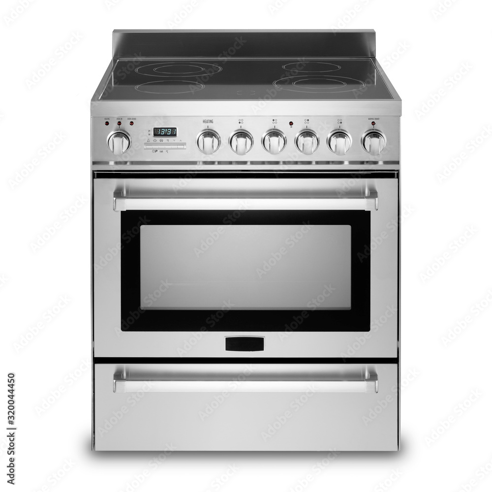 Freestanding Electric Range Isolated on White. Front View of Steel  Fingerprint Resistant Free Standing Kitchen Stove with Convection and  Warming Drawer. Range Cooker with 5 Five Burner Cooktop Stock Photo | Adobe  Stock