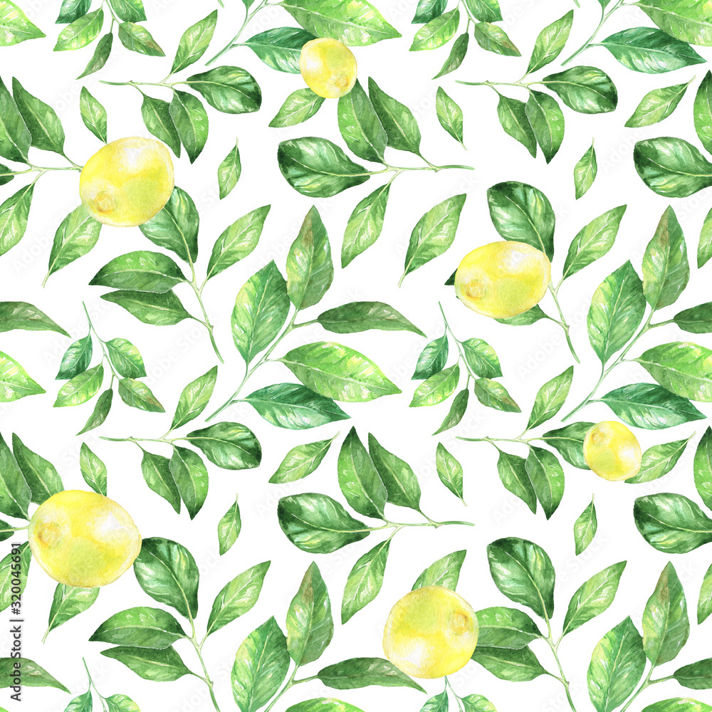  Watercolor seamless pattern with lemons and leaves. Citrus background.