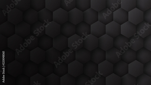 3D Hexagon Pattern Dark Gray Abstract Technological Minimalist Background. Tech Scientific Concept Hexagonal Blocks Structure Darkness Wide Wallpaper In Ultra High Definition Quality
