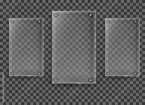 Glass plates are installed. Glass banners set on transparent background. Glass. Glass frames