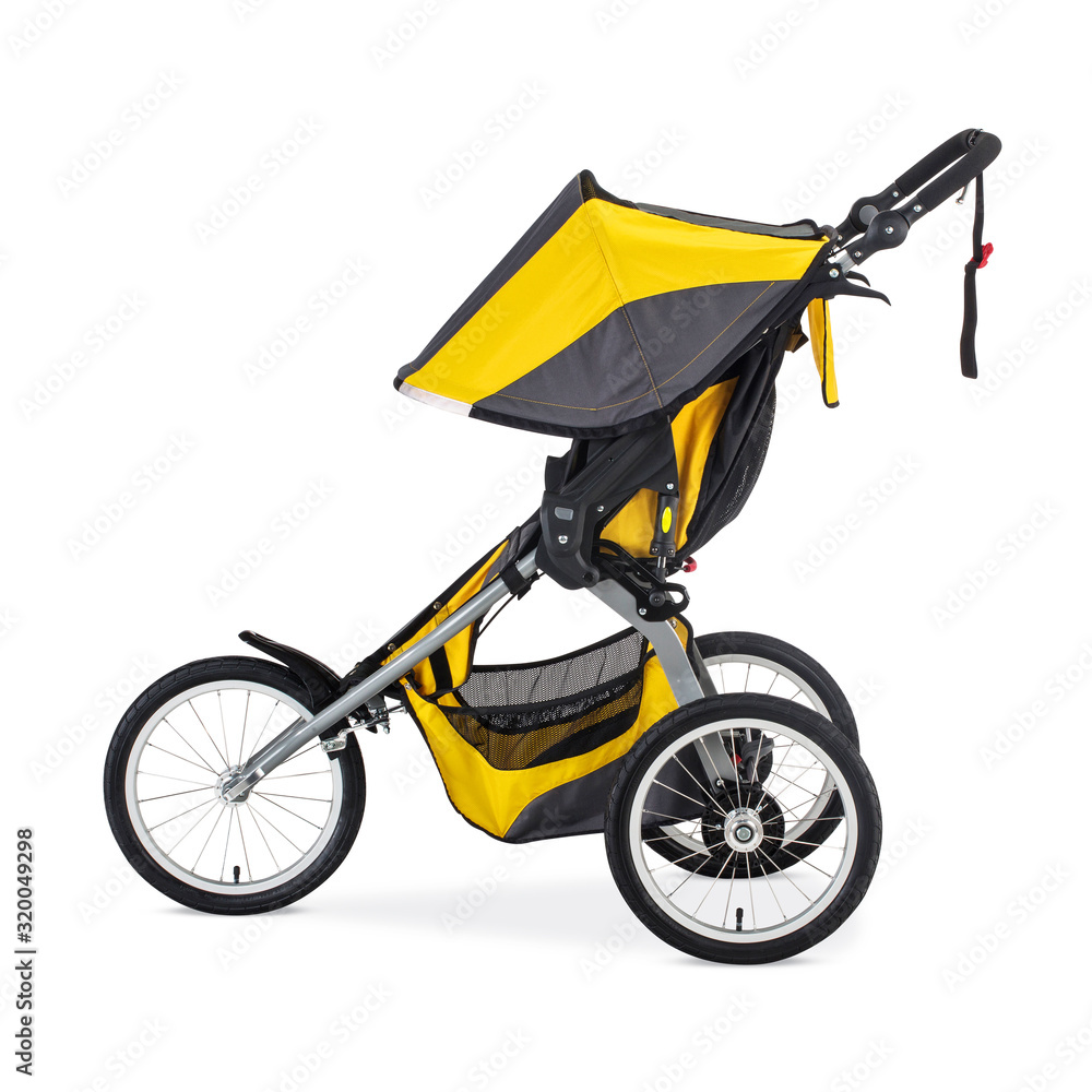 Single Stroller for Runners Isolated on White Background. Yellow Black Travel System with Swivel