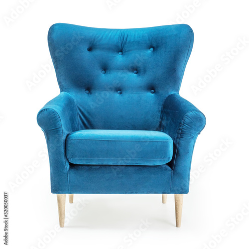 Turquoise Arm Chair Isolated on White Background. Front View of