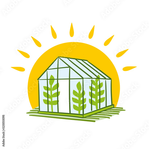 Isolated Vector illustration of a blue greenhouse with green plants in front of a big yellow sun