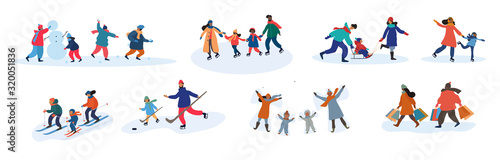 Set of eight different vector family activities in winter with parents and young children making a snowman, skiing, skating, tobogganing, playing ice hockey, celebrating in the snow and shopping