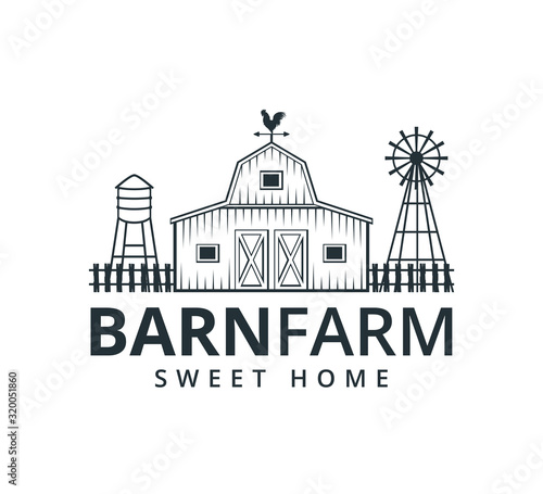 backyard barn farm house storage hangar with fence windmill and water torrent tower vector logo design