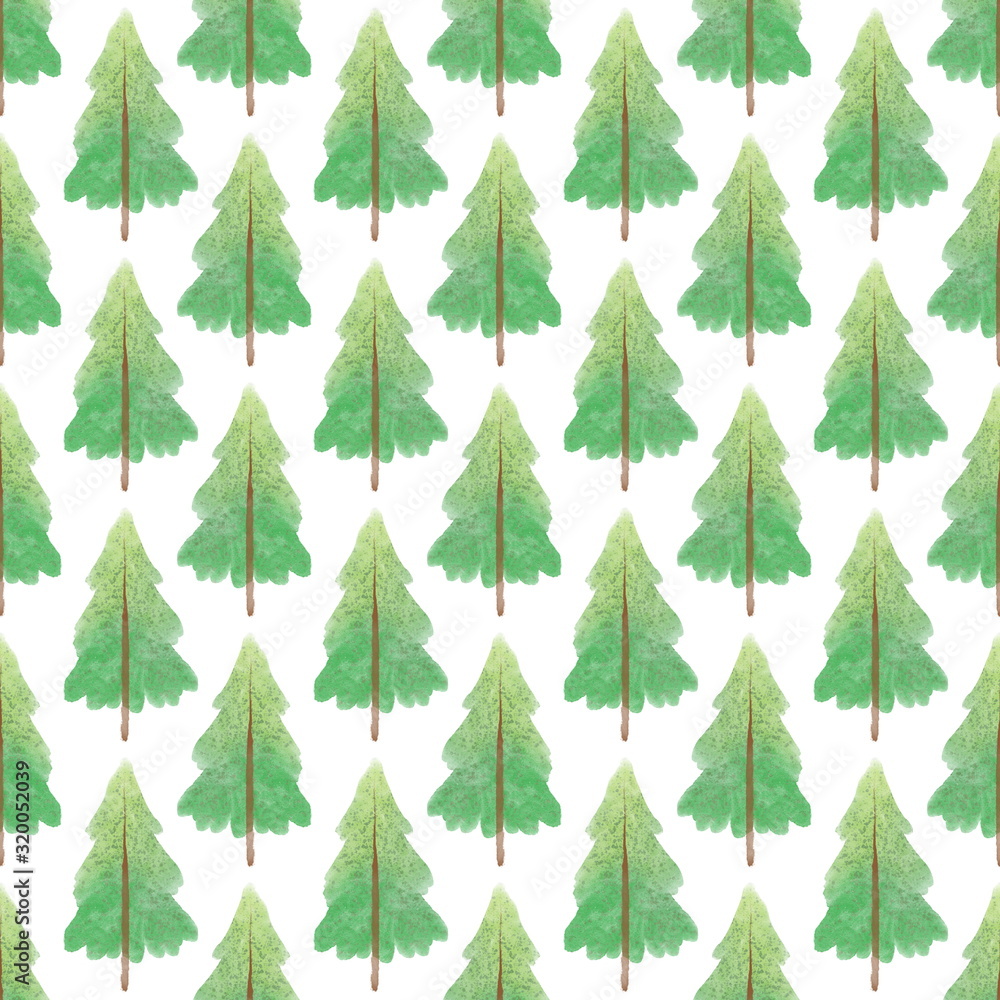 Watercolor green fir trees seamless pattern on white