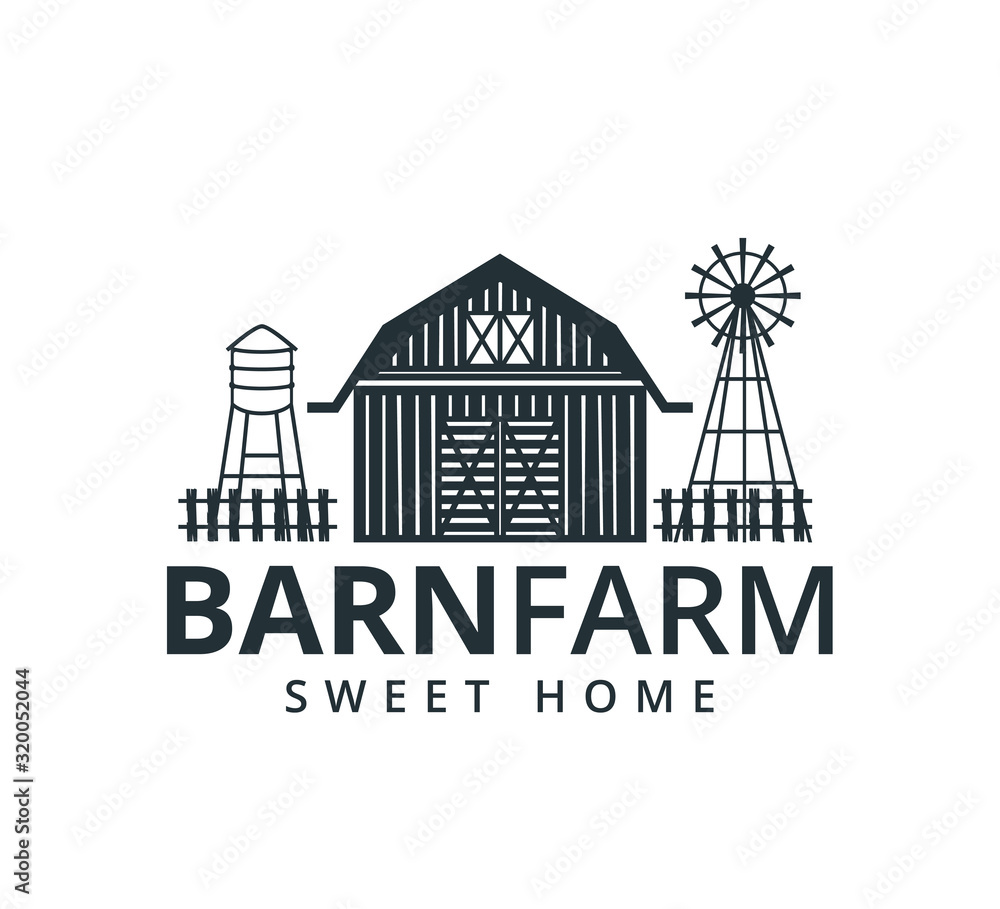 backyard barn farm house storage hangar with fence windmill and water torrent tower vector logo design