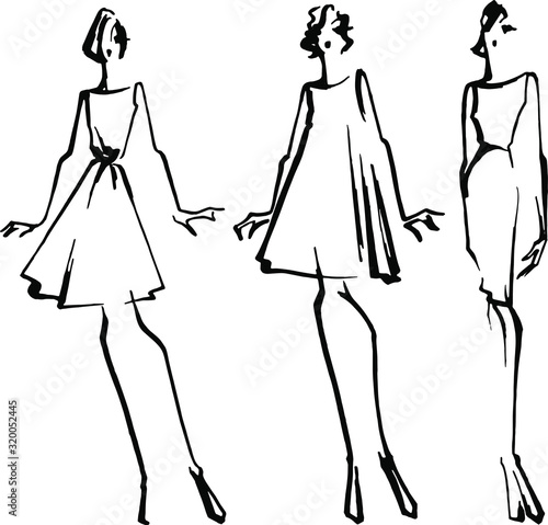 Vector linear hand drawn sketch of different silhouettes of female dresses . Black ink. Fast sketch, Fashion illustration for clothes design.