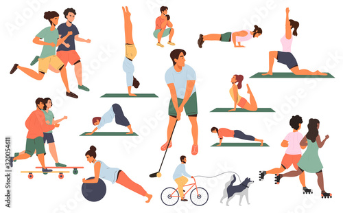 Large collection of colored sports poses or activities with men and women running, doing assorted exercises in a gym, skateboarding, pilates, yoga, golf, jogging, vector illustrations on white
