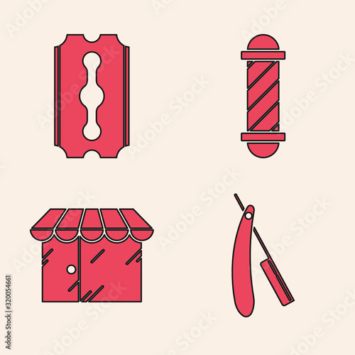Set Straight razor, Blade razor, Classic Barber shop pole and Barbershop building icon. Vector