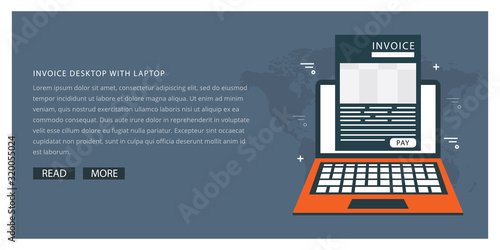 Online digital invoice laptop or notebook with bills, flat design