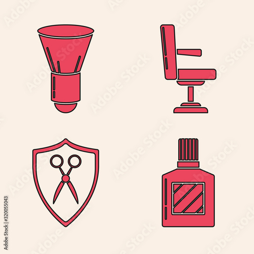 Set Aftershave, Shaving brush, Barbershop chair and Scissors hairdresser and shield icon. Vector