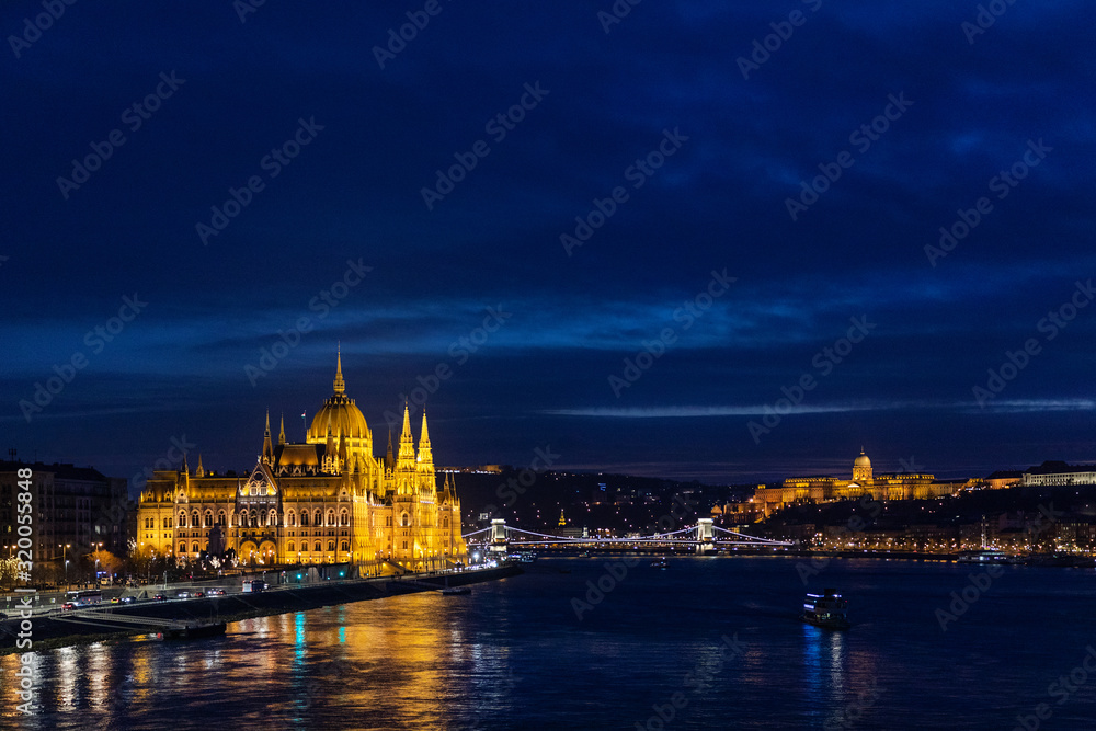 Budapest during the night, Hungarian parliament (left) and Buda castle (right)
