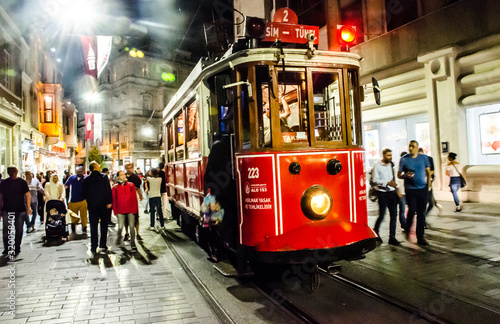 Istanbul / Turkey 15th Spet 2019: Takim traditional red tram in the night photo