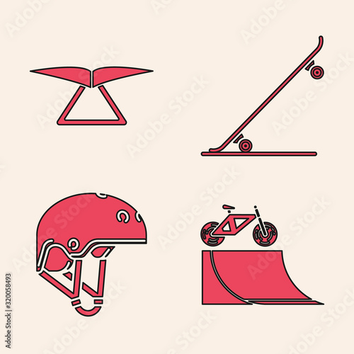 Set Bicycle on street ramp, Hang glider, Skateboard and Helmet icon. Vector