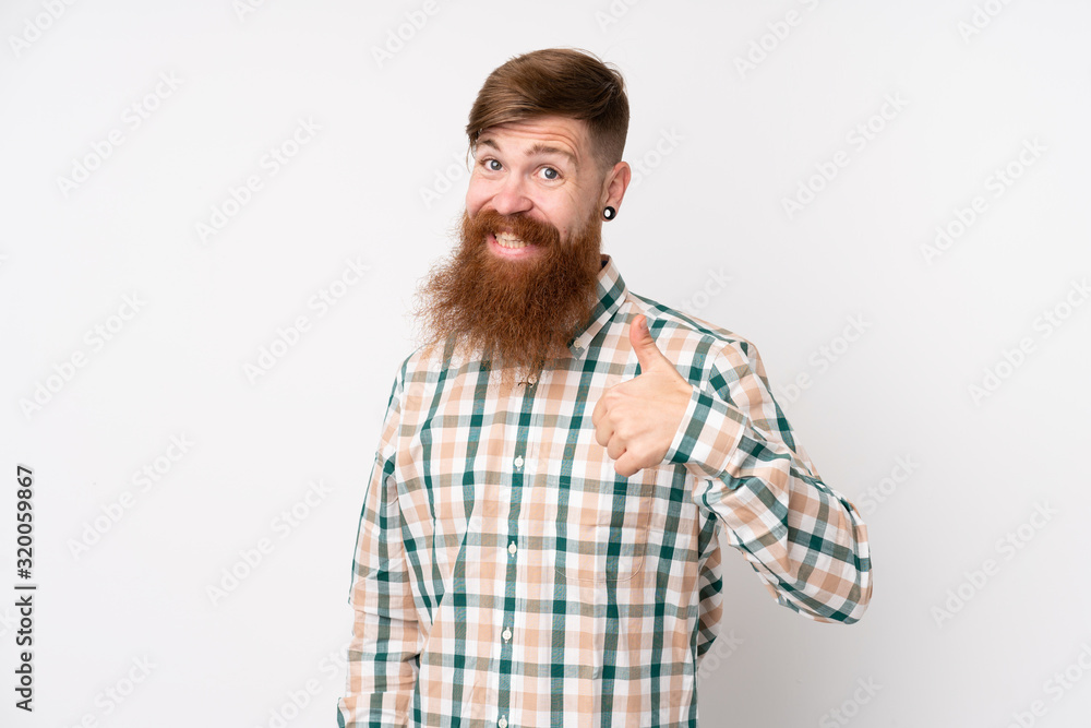 Redhead man with long beard over isolated white background giving a thumbs up gesture Redhead man with long beard over isolated white background giving a thumbs up gesture