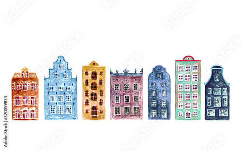 Set of watercolor old europe houses isolated