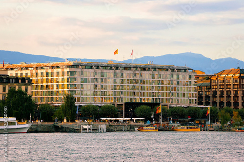 Sunset with Boats on Geneva Lake in summer, Geneva, Switzerland