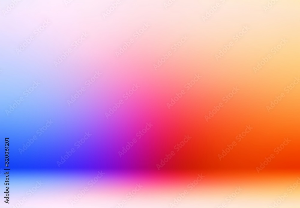 3d wall and floor colorful pattern on smooth texture. Art empty room background. Blue pink red yellow blur gradient. Fantasy drow defocused illustration.