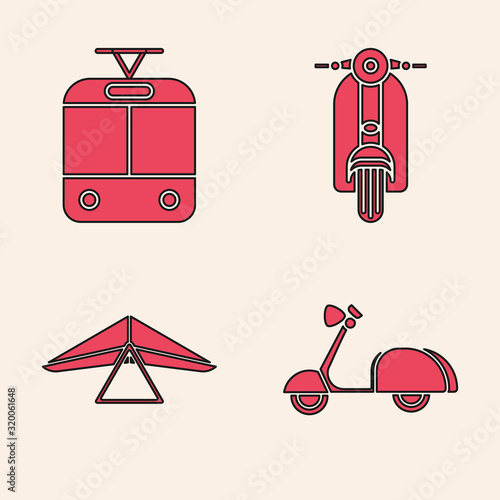 Set Scooter, Tram and railway, Scooter and Hang glider icon. Vector