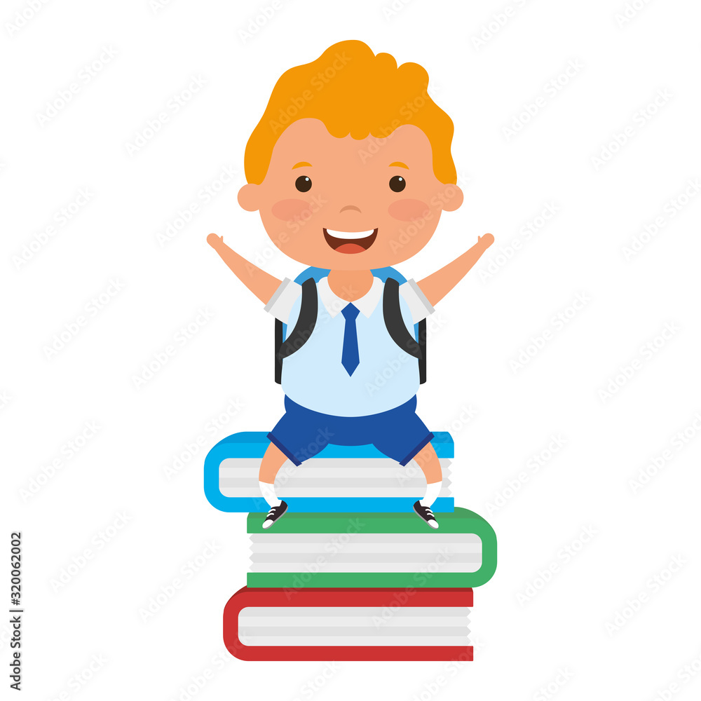 cute blond student boy seated in books character