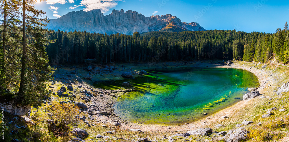 Lake Carezza with Latemar mountain group in the background, Dolomites (IT)