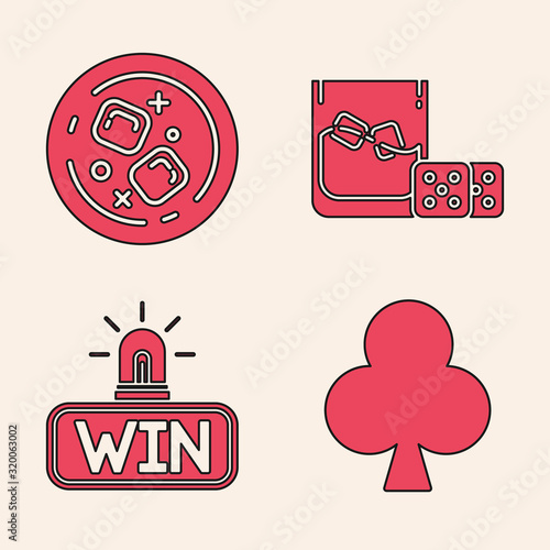 Set Playing card with clubs symbol, Glass of whiskey and ice cubes, Game dice and glass of whiskey with ice cubes and Casino win icon. Vector