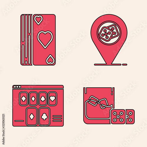 Set Game dice and glass of whiskey with ice cubes, Deck of playing cards, Casino location and Online poker table game icon. Vector