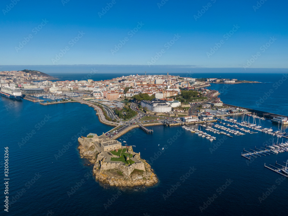 Aerial view of A Coruna and Castle of San Anton in Galicia