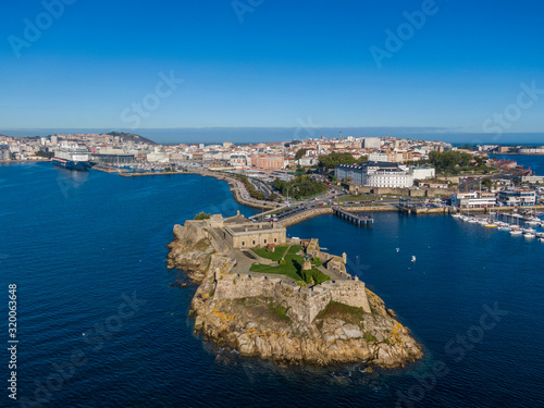 Aerial view of A Coruna and Castle of San Anton in Galicia