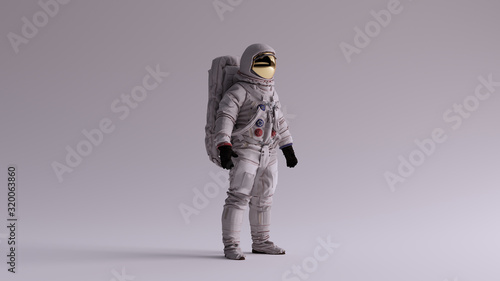 Astronaut with Gold Visor and White Spacesuit With Light Grey Background with Neutral Diffused Side Lighting 3 Quarter Right 3d illustration 3d render