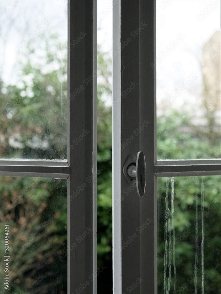 Fototapeta premium Old dirty window opened on green garden
