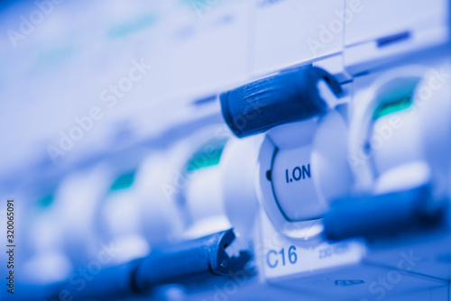 Fotografie Electrical power supply circuit breaker fuse box macro