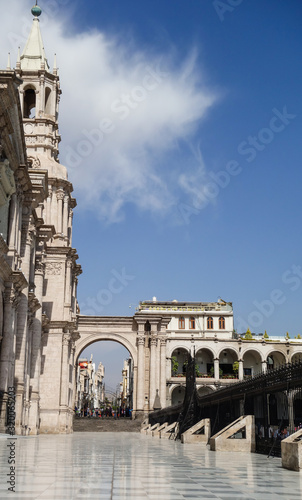 Arequipa/Peru: Arch of Basilica Cathedral, historic church at city downtown, beside Army Plaza. photo