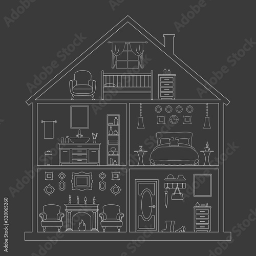 Standard house model in a cut. Vector linear illustration on a dark background. Cottage in the section. The layout of the rooms and furniture in the house. Design project.