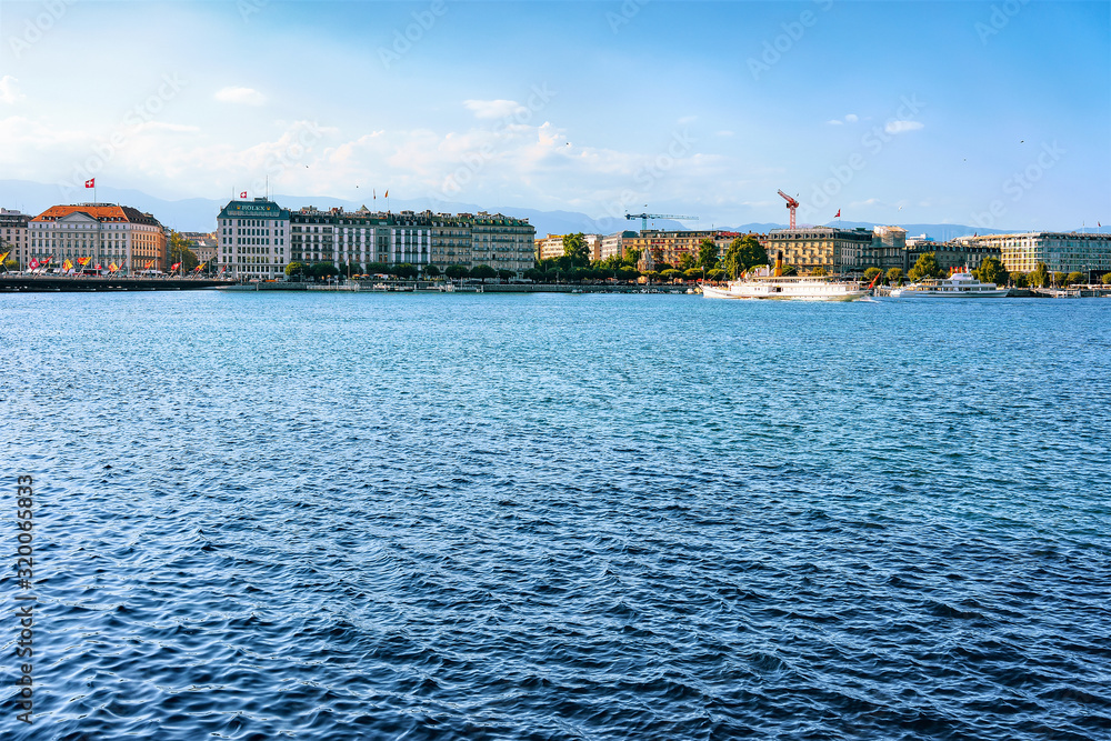 Geneva, Switzerland - August 30, 2016: Ferry in Geneva Lake near Promenade du Lac in summer, Geneva, Switzerland.