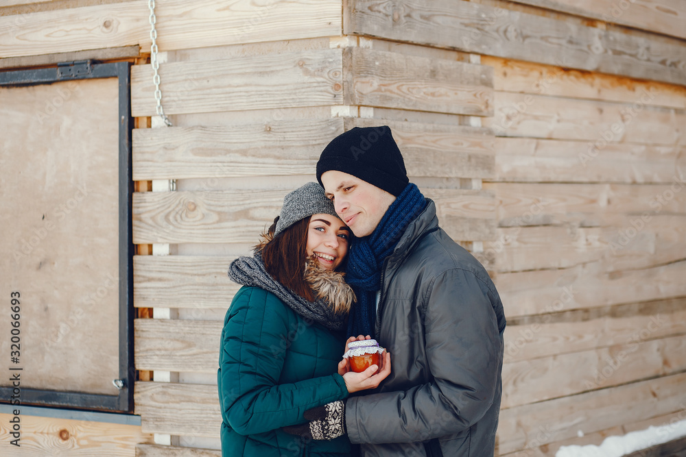 Young and loving couple standing in a winter park