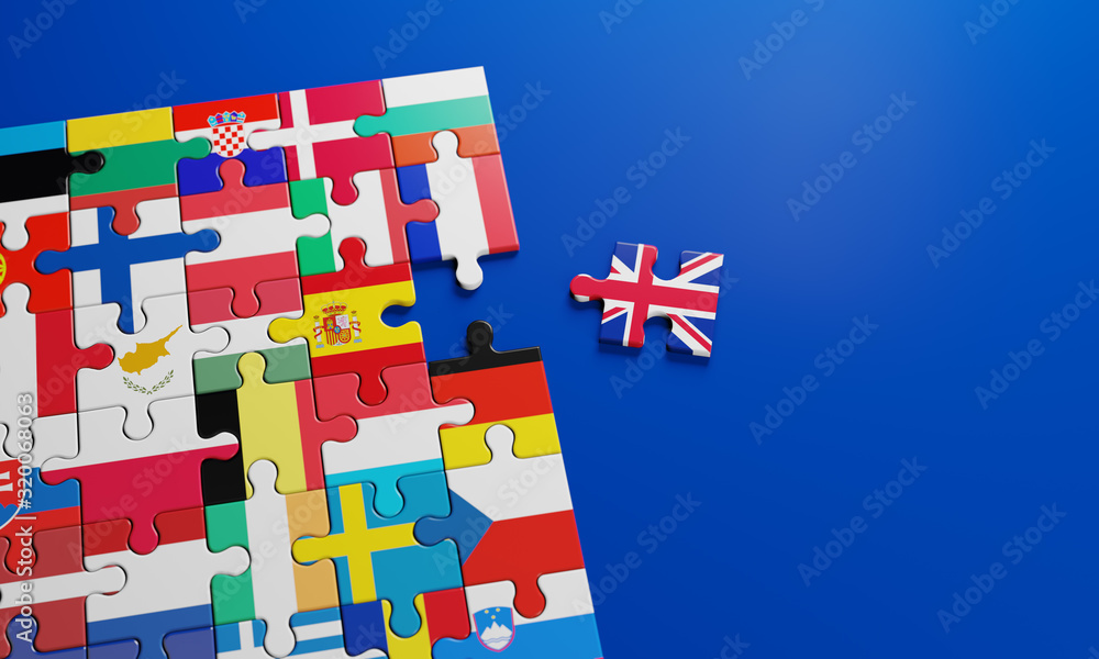 Obraz premium Brexit - British exit from the European Union in 2020. The concept of a 'Brexit' represented via jigsaw puzzle. Member states represented by pieces of puzzles with flag. 3D rendering graphics.
