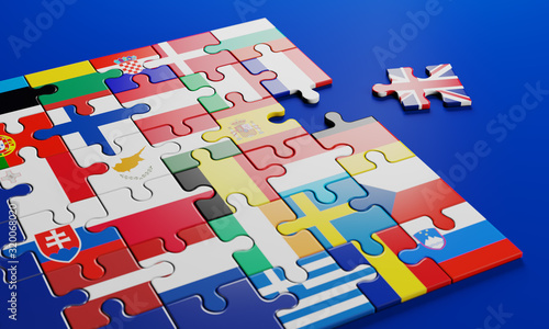 Brexit - British exit from the European Union in 2020. The concept of a 'Brexit' represented via jigsaw puzzle. Member states represented by pieces of puzzles with flag.  3D rendering graphics. photo